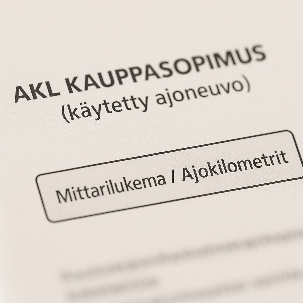 AKL käytetyn auton kauppasopimus - mittarilukeman ja ajokilometrien ero korostettu