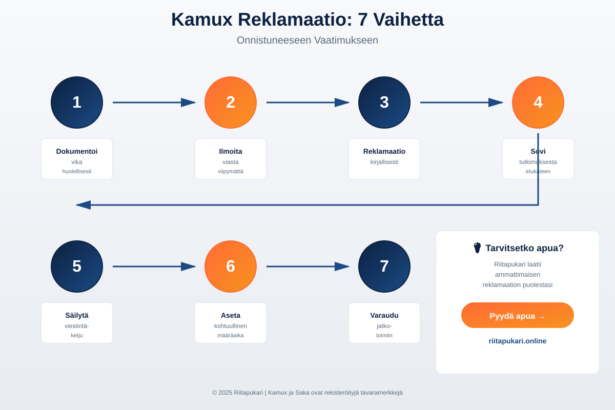 Kamux- ja Saka reklamaatio prosessi 7 vaihetta - infografiikka onnistuneeseen vaatimukseen